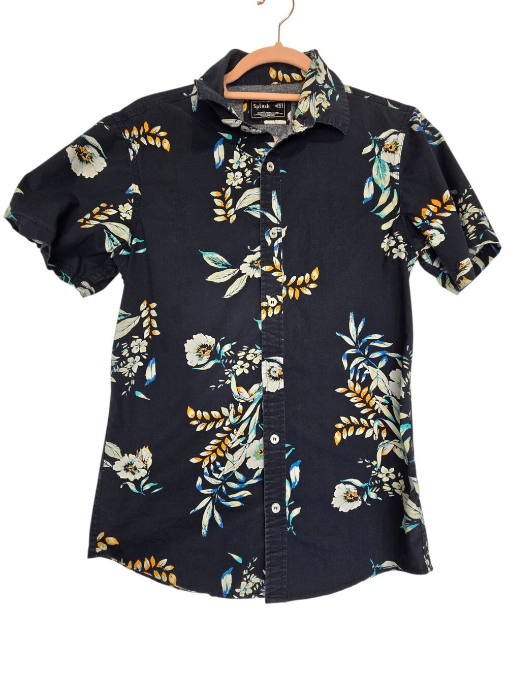 Splash blue short-sleeve button-up shirt featuring an all-over tropical floral